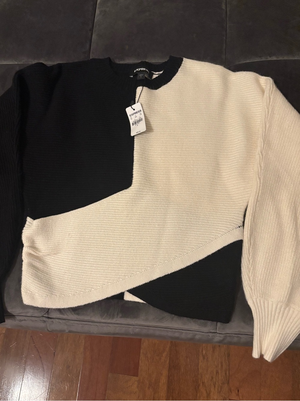 Express Women’s Black and Cream Diagonal Colorblock Crewneck Sweater